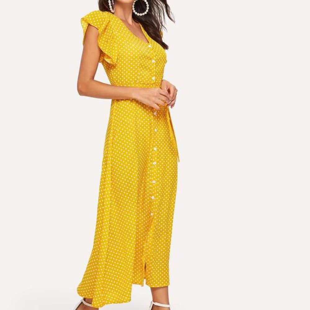 Yellow Polka Dot Dress Butterfly Sleeve